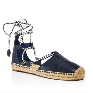 Tory Burch Positano Lace-Up Espadrille Flats Nautical Leather Navy Blue Size 6.5
